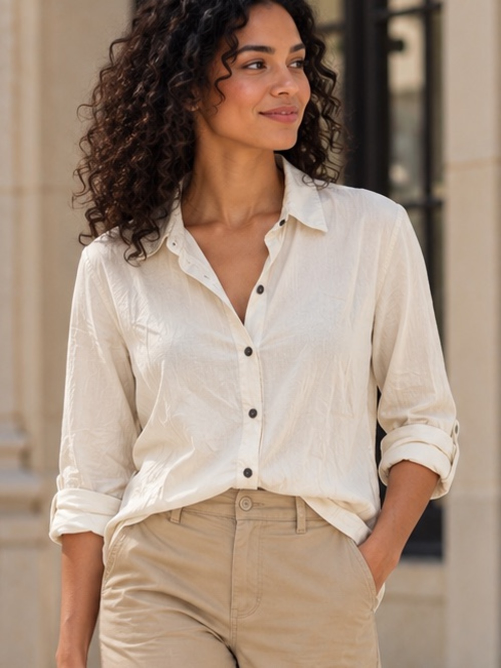 🍁MAKE OFFER🍁 J. Jill Cream Ivory Cotton Button Front Shirt Top Blouse Sz LG
